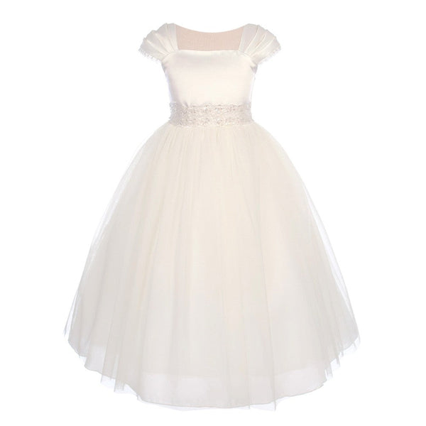 Kids Dream Big Girls Ivory Satin Mesh Lace Beadwork Communion Dress 8-16 - SophiasStyle.com